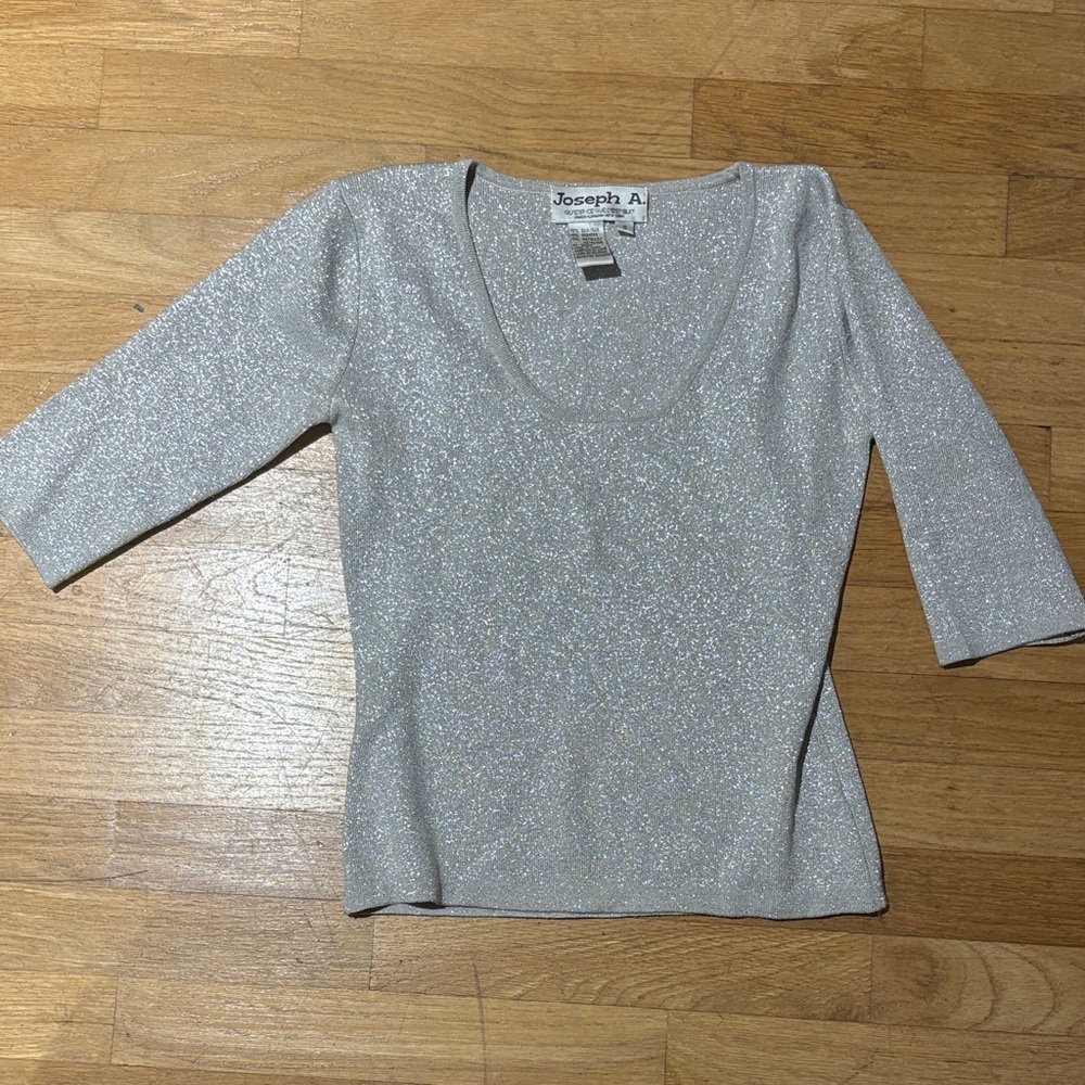 Joseph A Silver Glitter Scoop Neck Short Sleeve Top